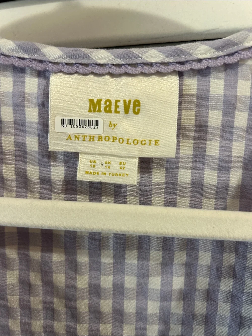 Anthropologie Lavender Gingham Tie-Front Puff Sleeve Blouse